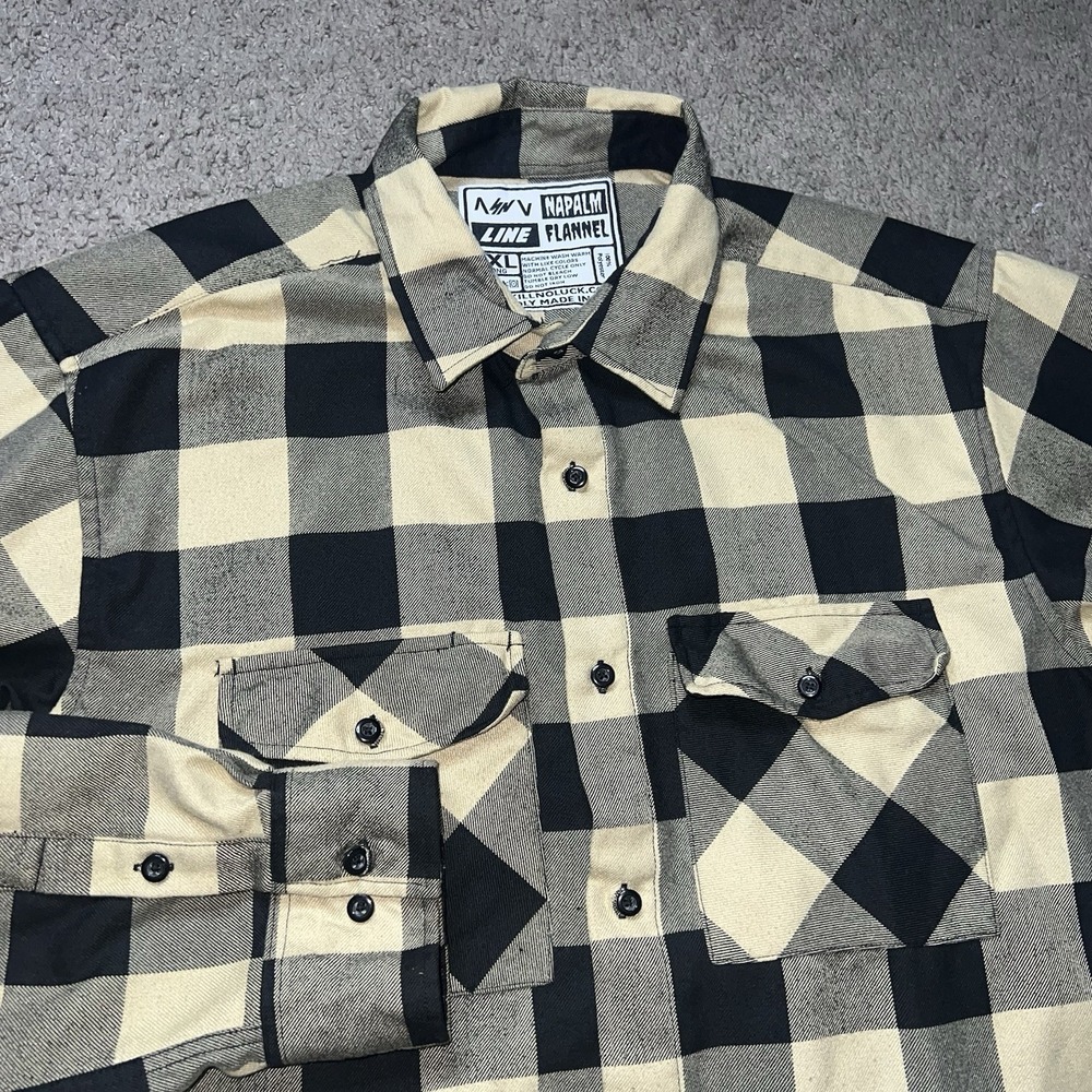 Napalm Flannel Shirt Yellow Black Plaid 2XLT Made in the USA Polyester‎
